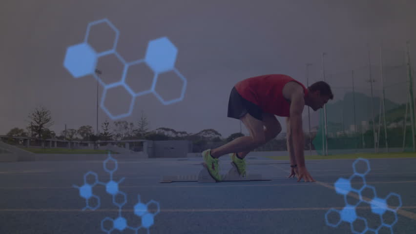Male athlete crouching in starting blocks on track, displaying sports tech with DNA helix graphics. Athlete, outdoor, performance, vitality, fitness, innovation, energy - Powered by Shutterstock - Get 15% off with code: PIKWIZARD15