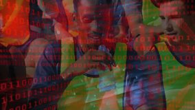 Sports team huddling in tech training wearing neon bibs using phone with floating binary code. Athletes, collaboration, digital, futuristic, innovation, teamwork, active - Powered by Shutterstock - Get 15% off with code: PIKWIZARD15