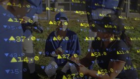 Coach kneeling marking clipboard, players holding gloves and balls, showing sports data arrows. Athletics, teamwork, outdoor, training, mentorship, vigor, activity - Powered by Shutterstock - Get 15% off with code: PIKWIZARD15