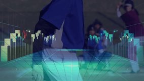 Female baseball player swinging bat on field, with analytics line graphs bar charts and 3D grid. Sports, technology, data, analytics, innovation, competition, fitness - Powered by Shutterstock - Get 15% off with code: PIKWIZARD15