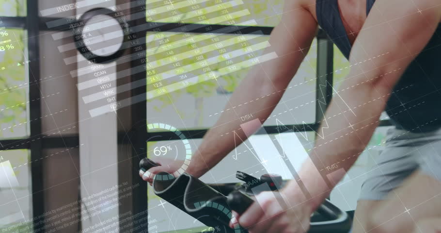Friends cycling in fitness studio, displaying animated performance metrics and schematic graphics. Fitness, camaraderie, motivation, cardio, innovation, vitality, outdoors