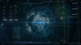 Central digital globe spinning within concentric grid, showing numeric overlays and scanning beam. Futuristic, technology, visualization, interface, innovation, digital, data - Powered by Shutterstock - Get 15% off with code: PIKWIZARD15