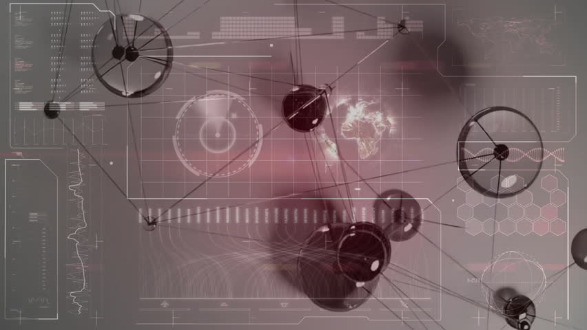 Spherical network nodes connecting lines animating in flat design UI featuring HUD charts waveform. Futuristic, digital, connectivity, data, innovation, technology, interface