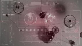 Spherical network nodes connecting lines animating in flat design UI featuring HUD charts waveform. Futuristic, digital, connectivity, data, innovation, technology, interface - Powered by Shutterstock - Get 15% off with code: PIKWIZARD15