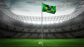Flagpole flying Brazilian flag beside flag pattern football, digital labels hovering above stadium. Sports, stadium, digital, outdoor, celebration, spectator, technology - Powered by Shutterstock - Get 15% off with code: PIKWIZARD15