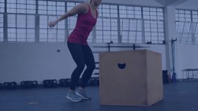 woman performing box jump inside fitness gym, showing animated heart icon and performance graph. Athletic, strength, endurance, training, functional, dynamic, energetic - Powered by Shutterstock - Get 15% off with code: PIKWIZARD15