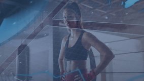 Female boxer posing in boxing ring, displaying tech-driven holographic grid with world-map overlay. Athletic, fitness, training, sport, strength, determination, modern - Powered by Shutterstock - Get 15% off with code: PIKWIZARD15
