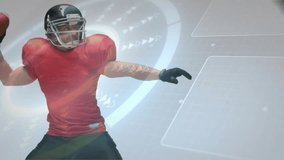 quarterback launching football indoors, showing sports tech HUD with circular graphs and arrows. Athlete, esports, digital, innovation, performance, competition, technology - Powered by Shutterstock - Get 15% off with code: PIKWIZARD15