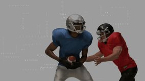 Male football player catching football in studio showing tech overlay with floating binary code. Athlete, sports, digital, futuristic, motion, performance, high-tech - Powered by Shutterstock - Get 15% off with code: PIKWIZARD15
