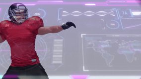 Football player standing with raised arms in technology lab showing holographic DNA and data graphs. Athlete, esports, futuristic, innovation, data visualization, digital interface, training - Powered by Shutterstock - Get 15% off with code: PIKWIZARD15