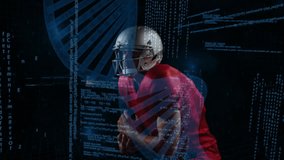 football player gripping ball while digital DNA helix and code graphics illustrating tech analytics. Sports, innovation, technology, digital, youth, strength, competition - Powered by Shutterstock - Get 15% off with code: PIKWIZARD15