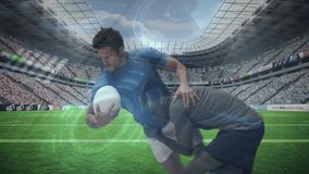 male rugby player holding ball as opponent lunges on stadium pitch, with animated data overlays. Athletes, competition, adrenaline, sport, action, outdoor, enterprise - Powered by Shutterstock - Get 15% off with code: PIKWIZARD15