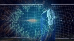 Goalkeeper holding glowing soccer ball in night stadium, showing sports tech with neon data lines. Athletic, futuristic, innovation, digital, energetic, nighttime, sport - Powered by Shutterstock - Get 15% off with code: PIKWIZARD15