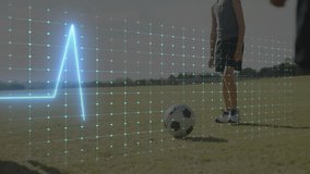 Three boys playing soccer on grassy field, showing health analytics with ECG waveform grid overlay. Sports, youth, teamwork, outdoor, vitality, fitness, activity - Powered by Shutterstock - Get 15% off with code: PIKWIZARD15