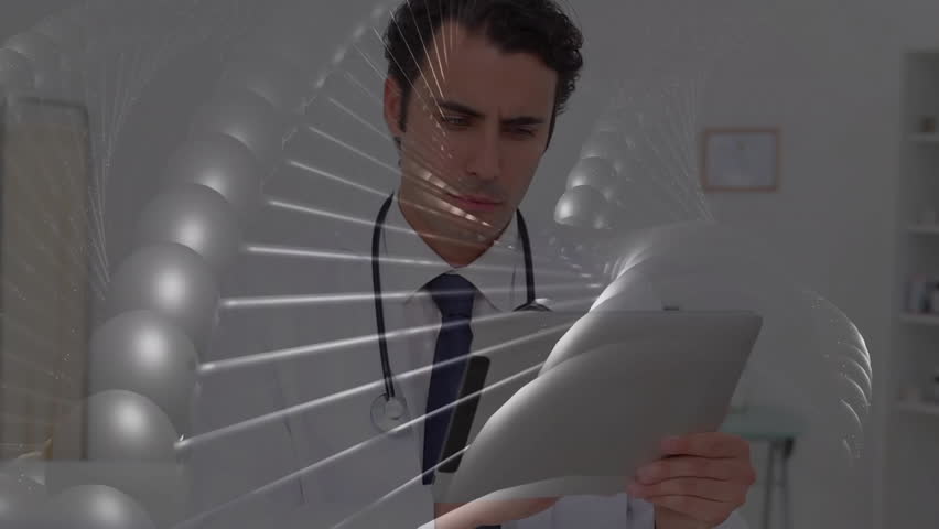 Doctor examining genetic data on tablet in medical office, showing floating DNA helix animations. Medical, technology, professional, scientific, healthcare, innovation, research - Powered by Shutterstock - Get 15% off with code: PIKWIZARD15