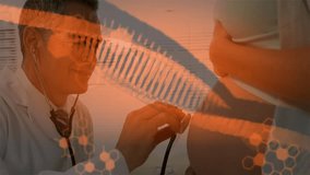 male doctor using stethoscope on pregnant woman's belly in clinic, overlaying hexagon graphics. Medical, healthcare, futuristic, maternity, diagnostic, discovery, wellness - Powered by Shutterstock - Get 15% off with code: PIKWIZARD15