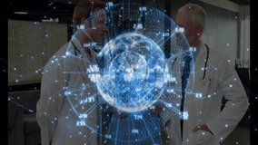 Medical team analyzing data in high-tech lab, interacting with holographic network globe overlay. Healthcare, collaboration, innovative, biotechnology, diagnostics, research, futuristic - Powered by Shutterstock - Get 15% off with code: PIKWIZARD15