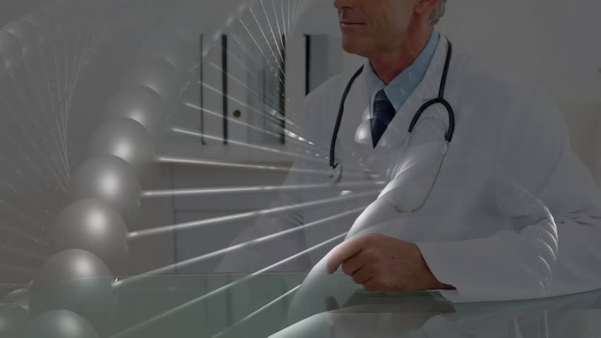 male doctor reading medical chart in medical office, with floating DNA helix graphics. Healthcare, professional, research, innovation, diagnostics, scientific, analytical - Powered by Shutterstock - Get 15% off with code: PIKWIZARD15
