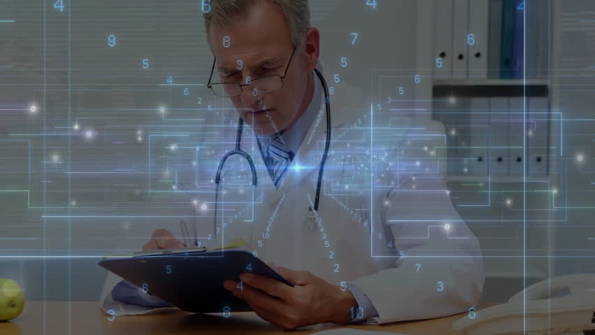 doctor reviewing patient info with stethoscope at desk, digital graphics and floating numbers. Medical, technology, professional, healthcare, data, analysis, digital - Powered by Shutterstock - Get 15% off with code: PIKWIZARD15