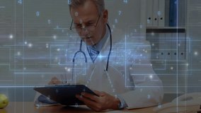 doctor reviewing patient info with stethoscope at desk, digital graphics and floating numbers. Medical, technology, professional, healthcare, data, analysis, digital - Powered by Shutterstock - Get 15% off with code: PIKWIZARD15