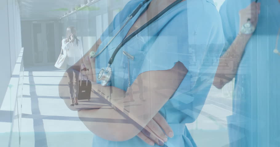 Healthcare duo working in hybrid layout, overlaying suitcase icon and stethoscope graphic. Professional, collaboration, modern, versatile, urban, vibrant, optimistic