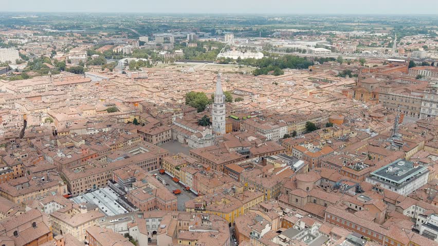 Modena, Italy. Modena Cathedral. Famous Romanesque cathedral with bell tower. Historical Center. Summer. Stable, Aerial View