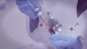 Biotech research scene showing gloved hands holding test tube and pipette, with 3D molecules. Laboratory, science, innovation, digital, biotech, chemistry, technology - Powered by Shutterstock - Get 15% off with code: PIKWIZARD15