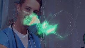 Male healthcare professional using tablet in clinic, showing holographic world map network. Medical, technology, futuristic, innovation, connectivity, professional, digital - Powered by Shutterstock - Get 15% off with code: PIKWIZARD15