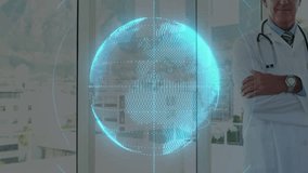 Doctor wearing stethoscope, standing in clinic, displaying holographic globe and network icons. Medical, healthcare, technology, innovation, professionalism, digital, connectivity - Powered by Shutterstock - Get 15% off with code: PIKWIZARD15