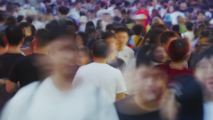 Big mass people group walk city street time lapse. Many busy chinese pedestrians crowd timelapse. Overcrowded china. Lot of men go home. Huge mob hurry up rush hour. Fast speed run day. Urban road way
