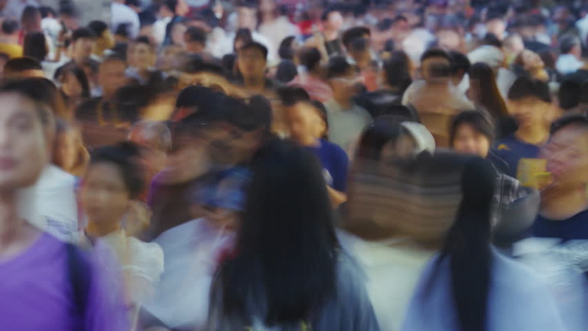 Big mass people group walk city street time lapse. Many busy chinese pedestrians crowd timelapse. Overcrowded china. Lot of men go home. Huge mob hurry up rush hour. Fast speed run day. Urban road way