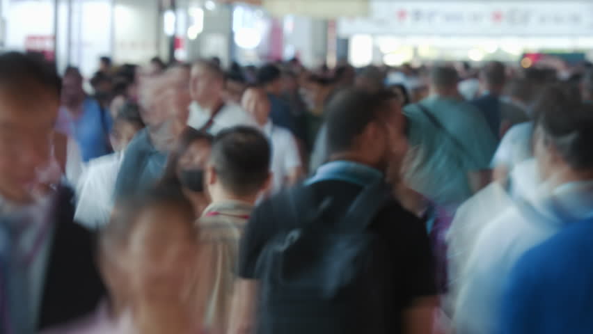 People group walk Canton trade fair time lapse. Busy chinese crowd timelapse. Overcrowded china. Lot of men. Huge mob hurry up. Fast speed run day. Urban global event. Large products export exhibition