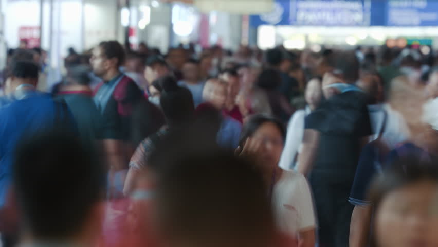 People group walk Canton trade fair time lapse. Busy chinese crowd timelapse. Overcrowded china. Lot of men. Huge mob hurry up. Fast speed run day. Urban global event. Large products export exhibition