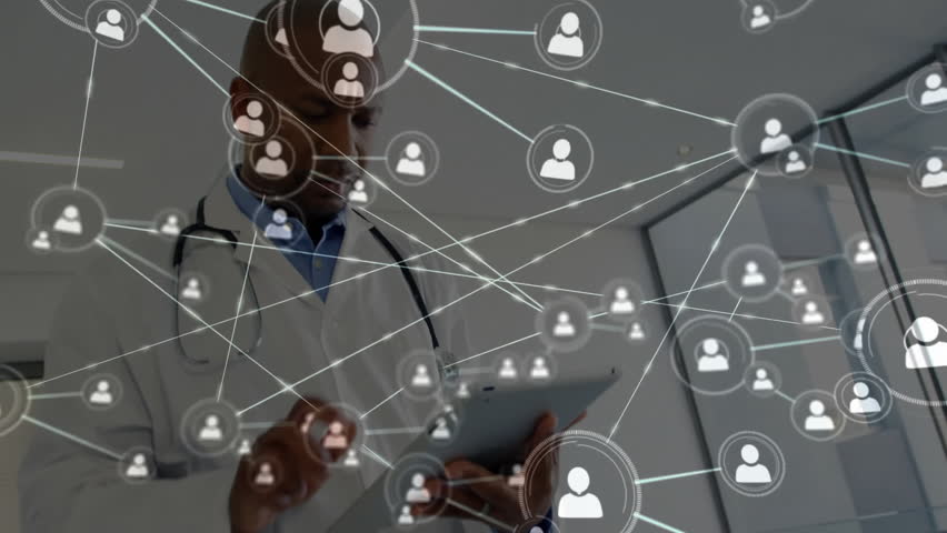 Male doctor using tablet in clinical environment, showcasing user-profile network graphics. Healthcare, telemedicine, technology, professionalism, connectivity, innovation, digital - Powered by Shutterstock - Get 15% off with code: PIKWIZARD15
