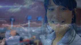 woman smiling and facing camera in tech office, displaying glowing network nodes and HUD. Technology, innovation, connectivity, collaboration, futuristic, digital, professionalism - Powered by Shutterstock - Get 15% off with code: PIKWIZARD15