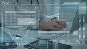 doctor typing on laptop in medical office, with animated charts, DNA helix, waveform overlays. Medical, technology, innovation, digital, healthcare, analysis, futuristic - Powered by Shutterstock - Get 15% off with code: PIKWIZARD15