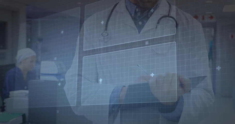 Male doctor interacting with medical holographic circular charts in lab, displaying diagnostic data. Futuristic, healthcare, innovation, collaboration, digital, technology, clinical