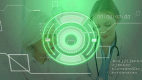 Woman patient sitting beside doctor pointing tablet in medical clinic, showing green data overlay. Healthcare, telemedicine, futuristic, professionalism, diagnostics, digital, consultation - Powered by Shutterstock - Get 15% off with code: PIKWIZARD15