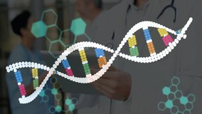 Male doctor examining holographic DNA helix in medical lab, showing floating hexagon overlays. Biotechnology, innovation, futuristic, collaboration, scientific, digital, research - Powered by Shutterstock - Get 15% off with code: PIKWIZARD15