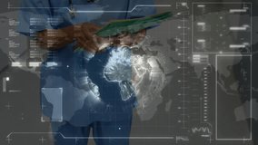 female nurse holding tablet in medical lab, with holographic world map and digital panels. Healthcare, technology, innovation, telemedicine, digital, biotech, futuristic - Powered by Shutterstock - Get 15% off with code: PIKWIZARD15