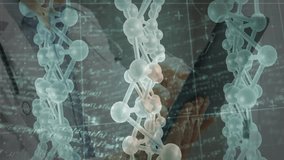 Male scientist analyzing lab environment, overlaying holographic DNA helix with dynamic gridlines. Science, technology, innovation, research, futurism, biomedical, digital - Powered by Shutterstock - Get 15% off with code: PIKWIZARD15