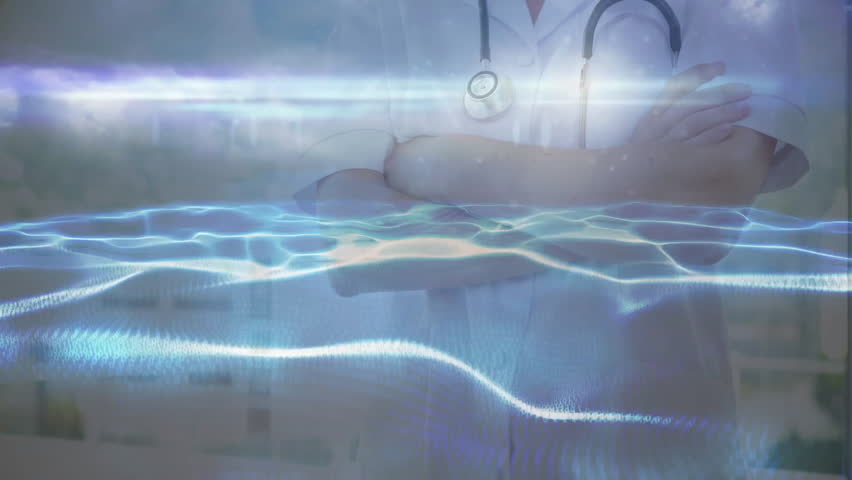 Female doctor wearing lab coat and stethoscope displaying medical waveforms and binary code overlay. Healthcare, technology, innovation, professionalism, diagnostics, digital, medicine - Powered by Shutterstock - Get 15% off with code: PIKWIZARD15