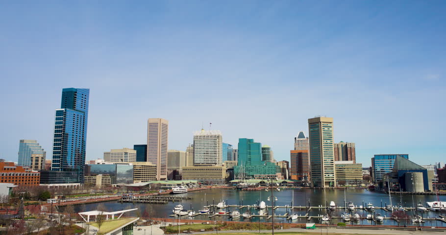 Wide Shot of Downtown Baltimore Maryland Skyline Seen from Federal Hill