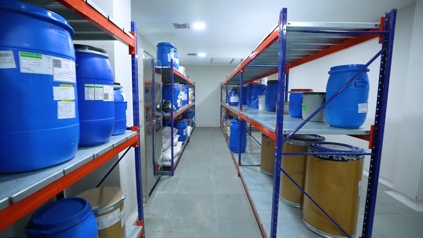 warehouse area cleanroom with colored racks for storage and epoxy flooring in a pharmaceutical manufacturing factory for active pharma ingredients, speciality chemicals, hazardous chemical