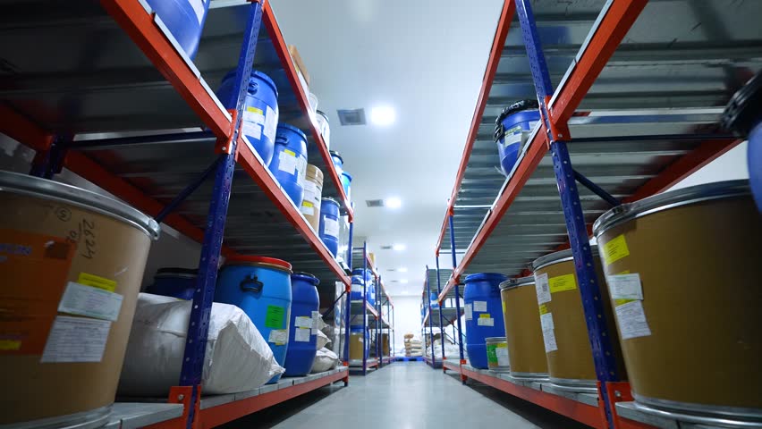 warehouse area cleanroom with colored racks for storage and epoxy flooring in a pharmaceutical manufacturing factory for active pharma ingredients, speciality chemicals, hazardous chemical