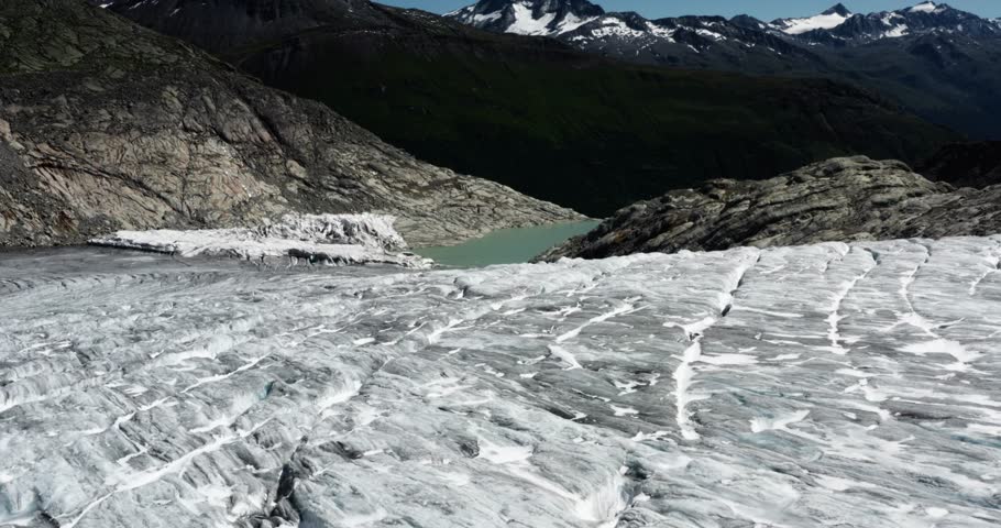 Wide shot of a Swiss glacier featuring a melting pond, icy textures, and rugged alpine mountains in the background.