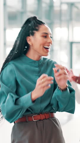 Business, success and woman in office with dance, fun and team building for financial goals. Happy, excited and finance consultant in celebration for winning deal, achievement or employee engagement
