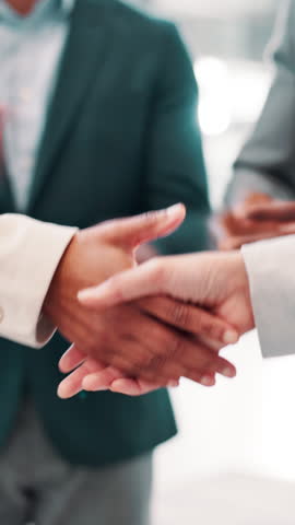 Business people, shaking hands and applause in office for agreement, investment deal or achievement. Employee collaboration, handshake or support in firm for company merger, partnership or promotion
