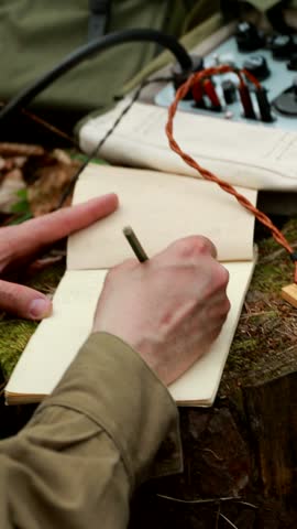 Russian Soviet Infantry Red Army Soldier In World War II using Russian Soviet Portable Radio Transceiver In Trench Entrenchment In Spring Autumn Forest. . Headphones And Telegraph Key. Close Up Hands,