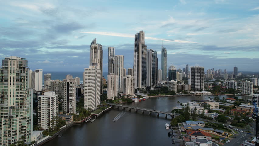 Aerial View Of The Nerang River In Surfers Paradise Skyline On The Gold Coast of Queensland, Australia.